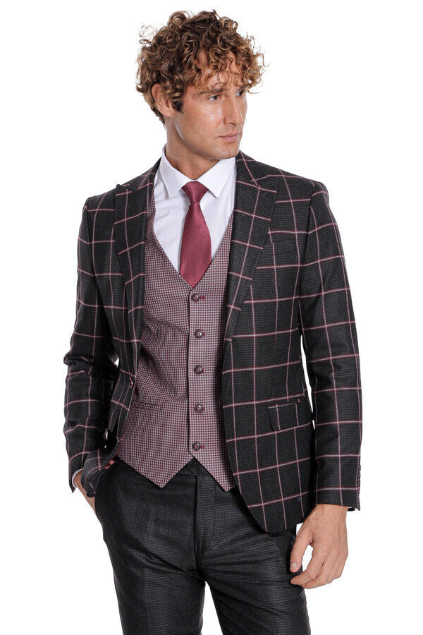 Checked Patterned Slim Fit Black Men Suit - Wessi