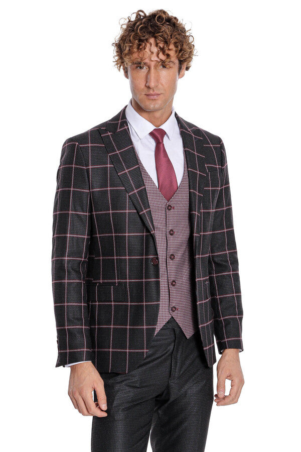 Checked Patterned Slim Fit Black Men Suit - Wessi