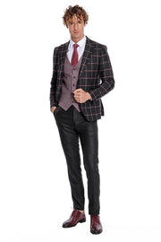 Checked Patterned Slim Fit Black Men Suit - Wessi