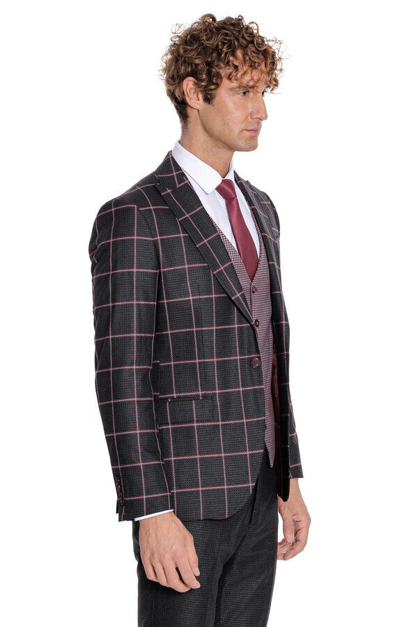 Checked Patterned Slim Fit Black Men Suit - Wessi