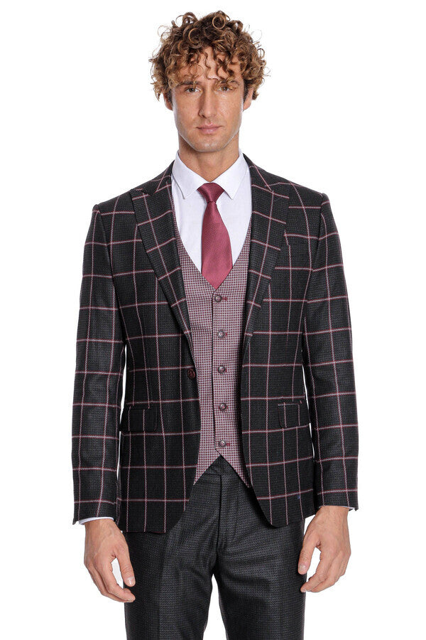 Checked Patterned Slim Fit Black Men Suit - Wessi