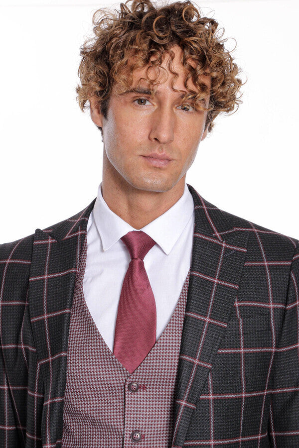 Checked Patterned Slim Fit Black Men Suit - Wessi