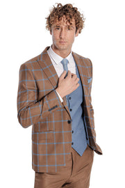 Checked Patterned Slim Fit Brown Men Suit - Wessi