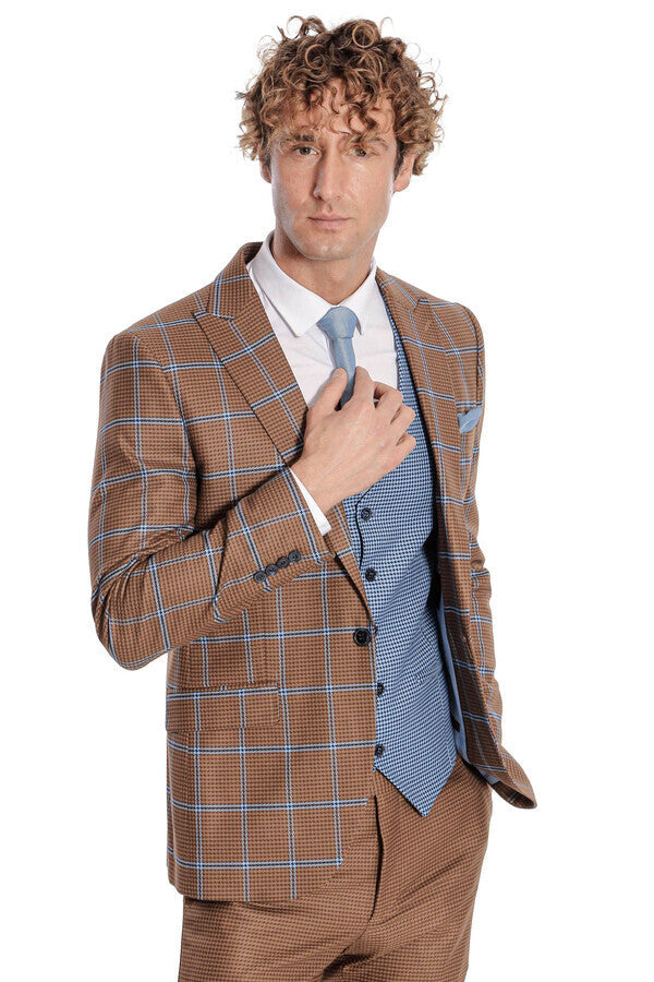 Checked Patterned Slim Fit Brown Men Suit - Wessi