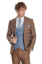 Checked Patterned Slim Fit Brown Men Suit - Wessi