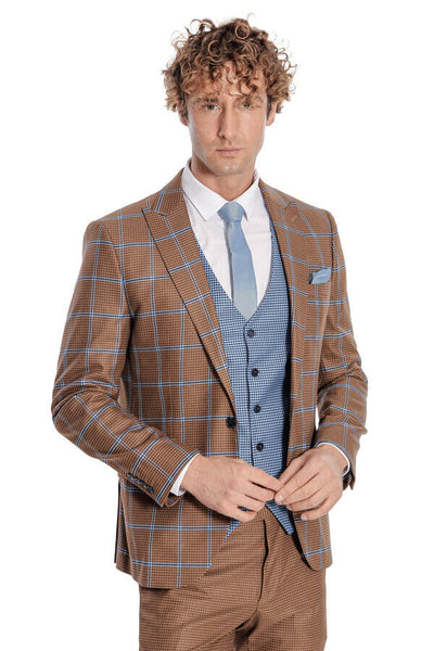 Checked Patterned Slim Fit Brown Men Suit - Wessi