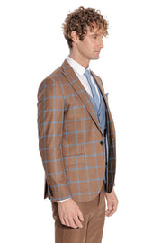 Checked Patterned Slim Fit Brown Men Suit - Wessi