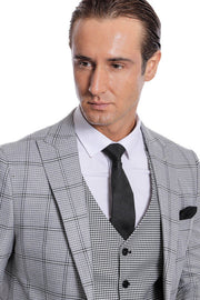 Checked Patterned Slim Fit Grey Men Suit - Wessi