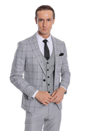 Checked Patterned Slim Fit Grey Men Suit - Wessi