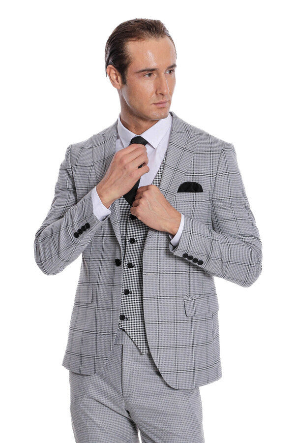 Checked Patterned Slim Fit Grey Men Suit - Wessi