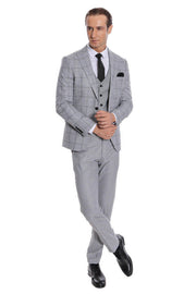 Checked Patterned Slim Fit Grey Men Suit - Wessi