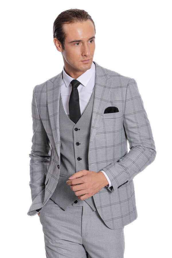 Checked Patterned Slim Fit Grey Men Suit - Wessi