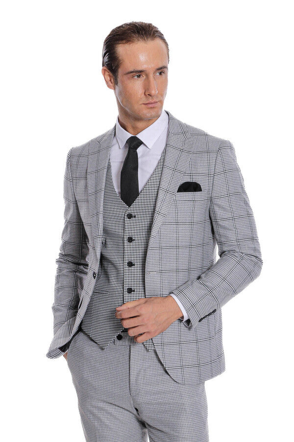 Checked Patterned Slim Fit Grey Men Suit - Wessi