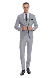 Checked Patterned Slim Fit Grey Men Suit - Wessi