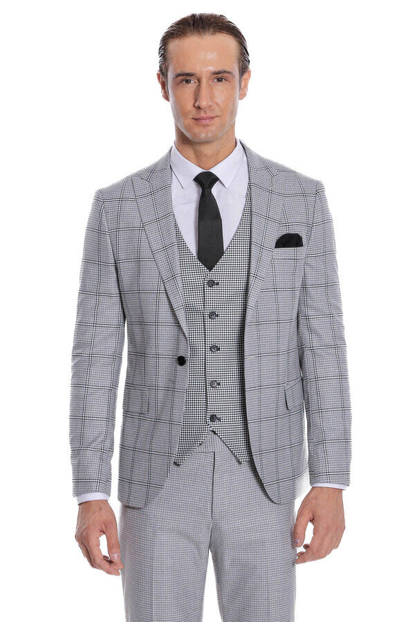 Checked Patterned Slim Fit Grey Men Suit - Wessi