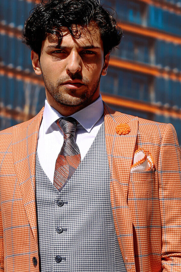 Checked Patterned Slim Fit Orange Men Suit - Wessi