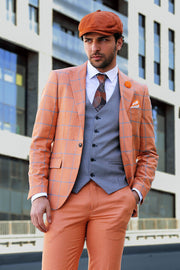 Checked Patterned Slim Fit Orange Men Suit - Wessi