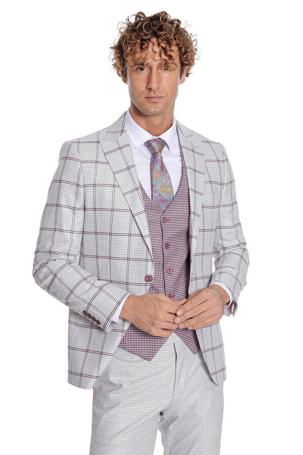 Checked Patterned Vested Light Grey Men Suit - Wessi