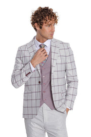 Checked Patterned Vested Light Grey Men Suit - Wessi