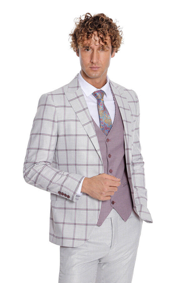 Checked Patterned Vested Light Grey Men Suit - Wessi