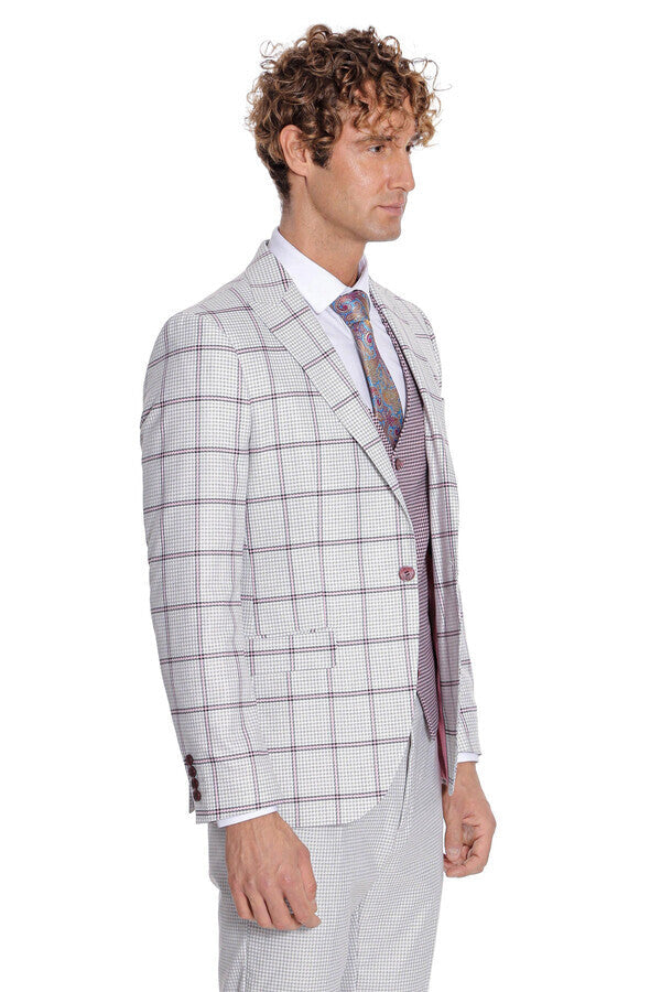 Checked Patterned Vested Light Grey Men Suit - Wessi