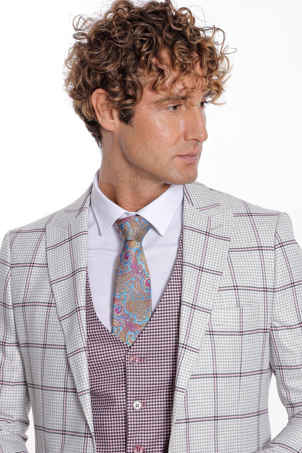 Checked Patterned Vested Light Grey Men Suit - Wessi