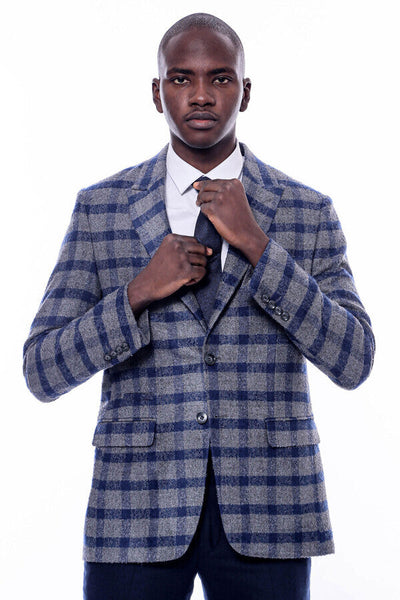 Checked Peak Lapel Slim-Fit Blue Men Blazer - Wessi