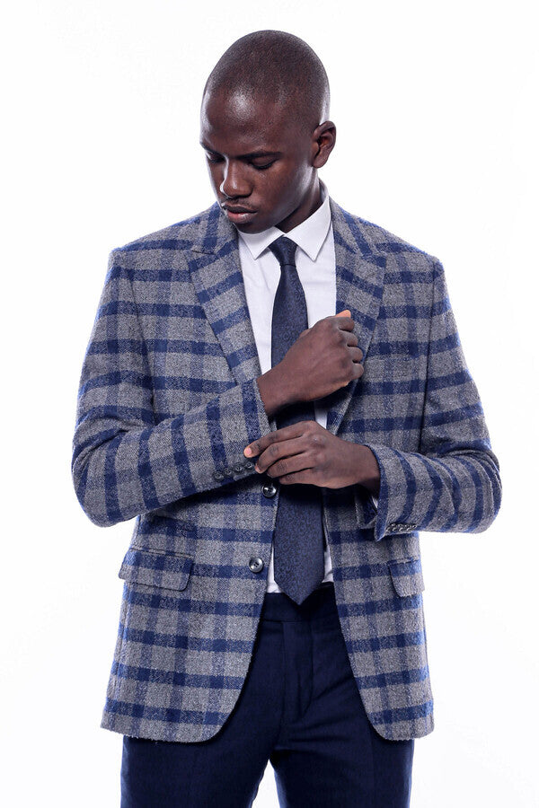 Checked Peak Lapel Slim-Fit Blue Men Blazer - Wessi