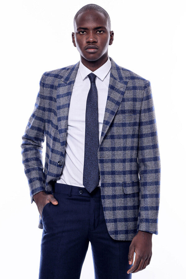 Checked Peak Lapel Slim-Fit Blue Men Blazer - Wessi