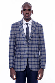 Checked Peak Lapel Slim-Fit Blue Men Blazer - Wessi