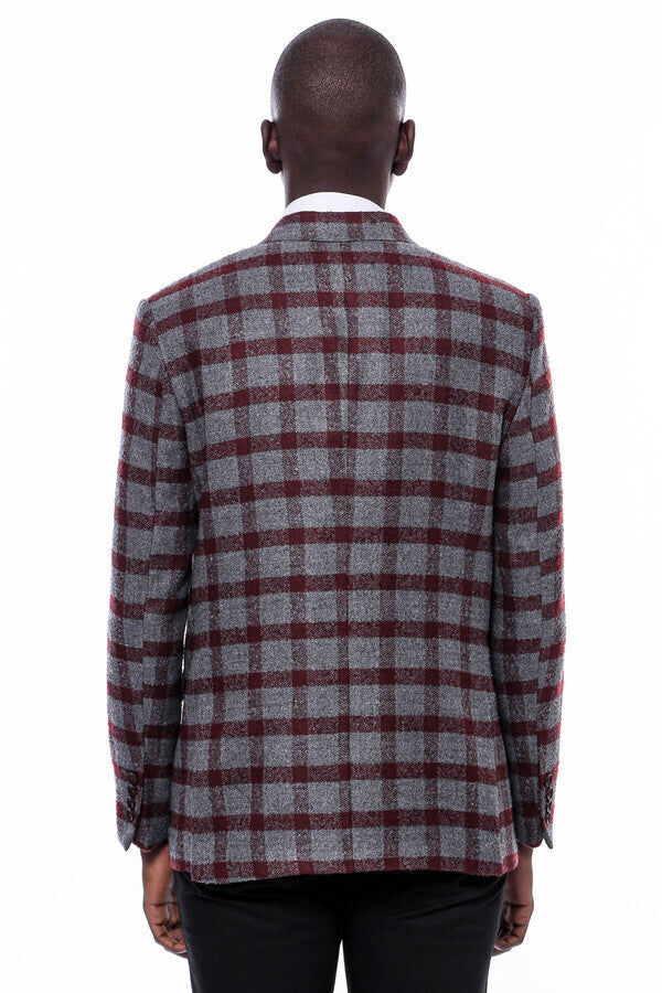 Checked Peak Lapel Slim-Fit Burgundy Men Blazer - Wessi