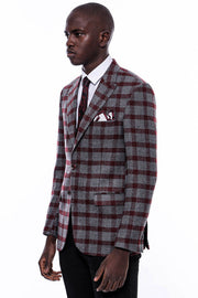 Checked Peak Lapel Slim-Fit Burgundy Men Blazer - Wessi