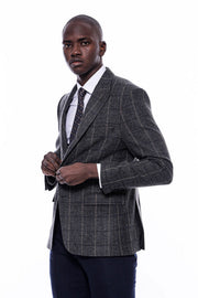 Checked Peak Lapel Slim-Fit Dark Grey Men Blazer - Wessi