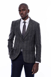 Checked Peak Lapel Slim-Fit Dark Grey Men Blazer - Wessi