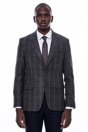 Checked Peak Lapel Slim-Fit Dark Grey Men Blazer - Wessi