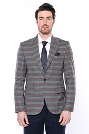 Checked Single Button Brown Men Blazer - Wessi