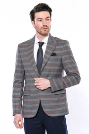 Checked Single Button Brown Men Blazer - Wessi