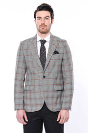 Checked Single Button Slim Fit Grey Men Blazer - Wessi