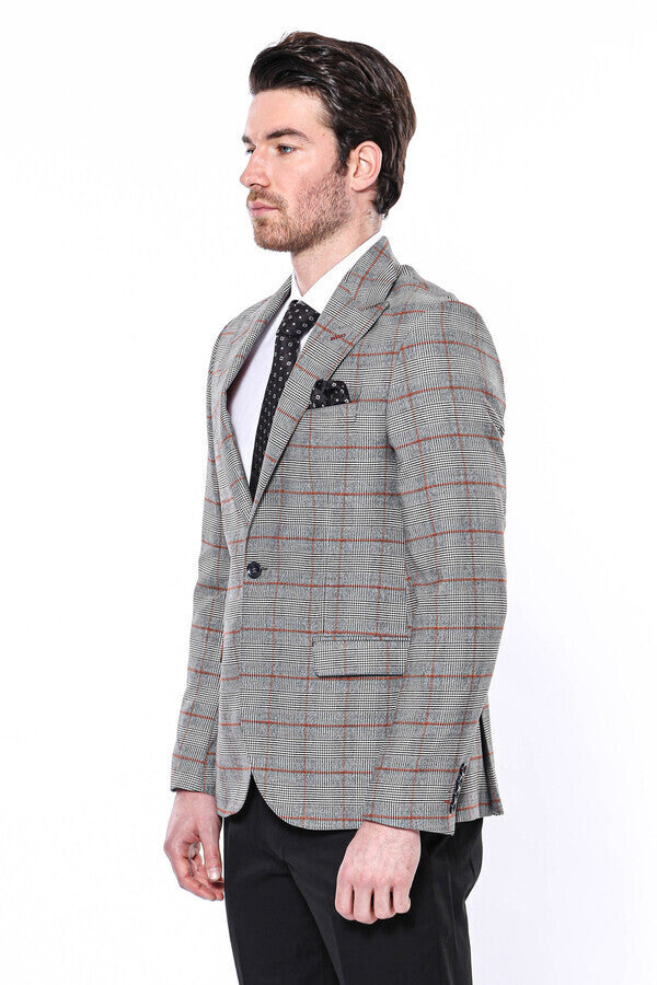 Checked Single Button Slim Fit Grey Men Blazer - Wessi