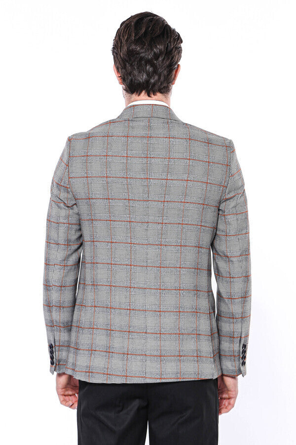 Checked Single Button Slim Fit Grey Men Blazer - Wessi