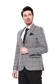 Checked Single Button Slim Fit Grey Men Blazer - Wessi