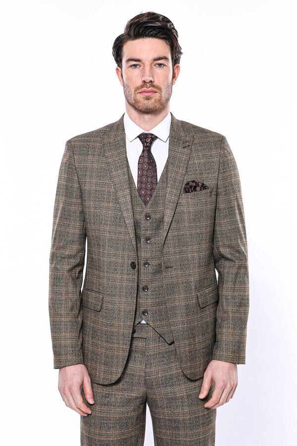 Checked Slim-Fit Brown Men Blazer - Wessi