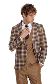 Checked Slim Fit Brown Men Suit  - Wessi