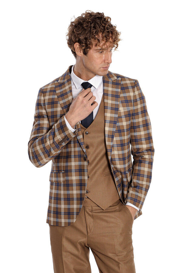 Checked Slim Fit Brown Men Suit  - Wessi