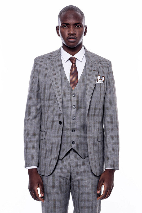 Checked Slim Fit Grey Men Suit - Wessi