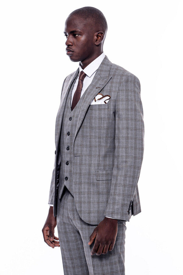 Checked Slim Fit Grey Men Suit - Wessi