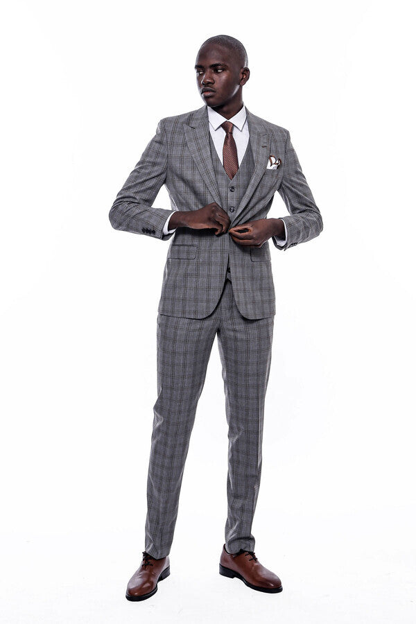 Checked Slim Fit Grey Men Suit - Wessi