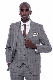 Checked Slim Fit Grey Men Suit - Wessi