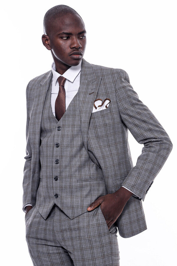 Checked Slim Fit Grey Men Suit - Wessi