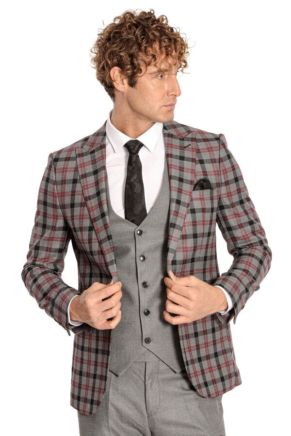 Checked Slim Fit Grey Men Suit - Wessi